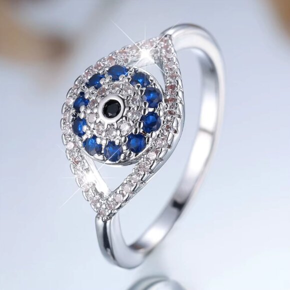 NEW 14k White Gold Blue Sapphire Evil Eye Diamond Ring - Picture 6 of 6
